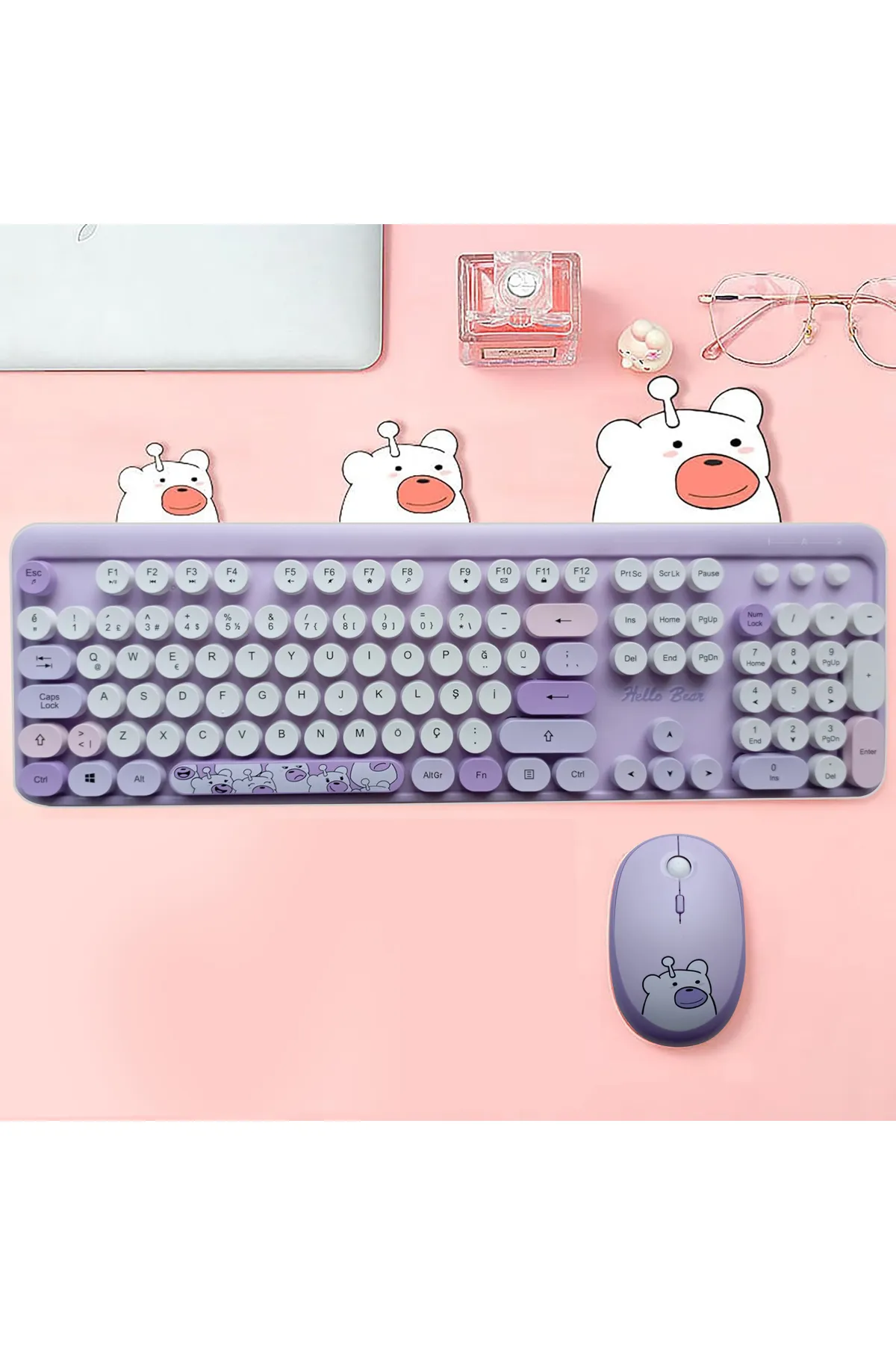 Mofii Hellobear Yuvarlak Tuşlu Ayıcık Desenli Kablosuz Mor Klavye Mouse Set